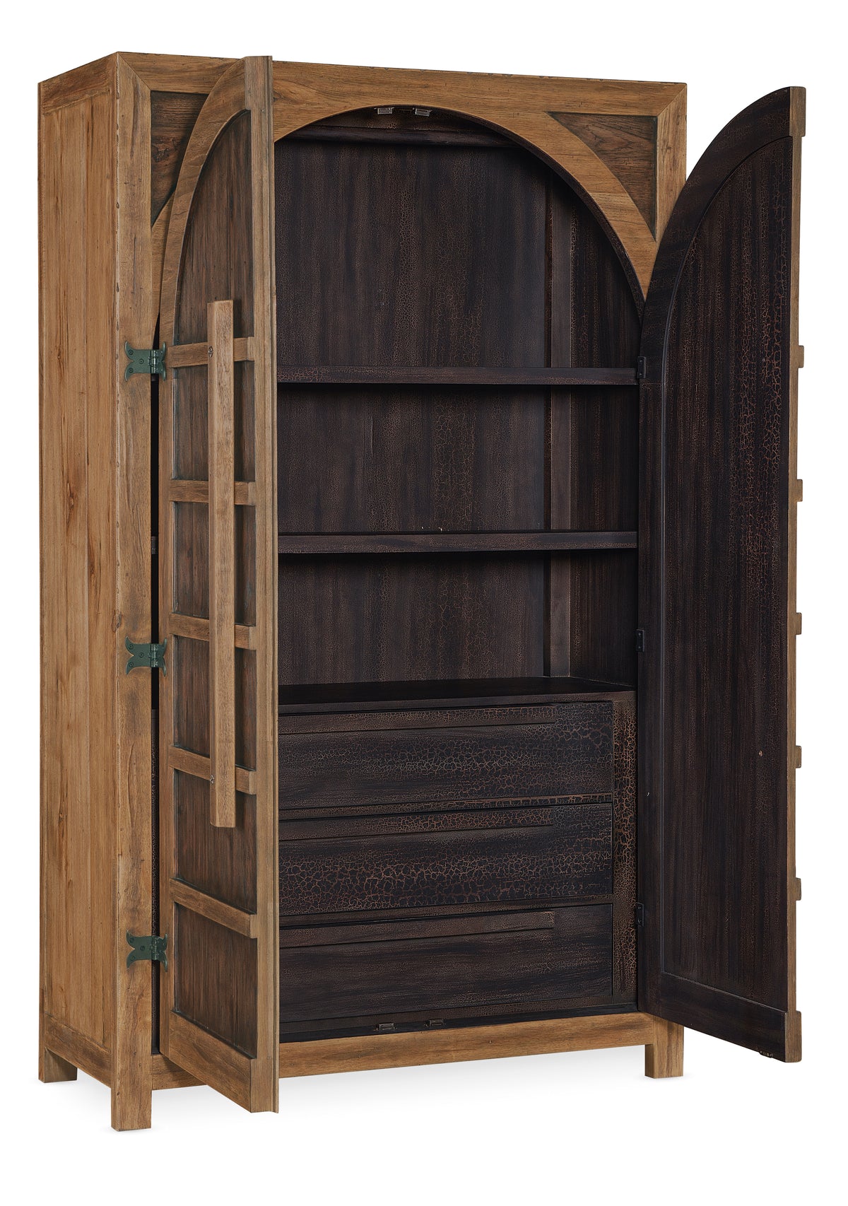 a wooden cabinet with a door open