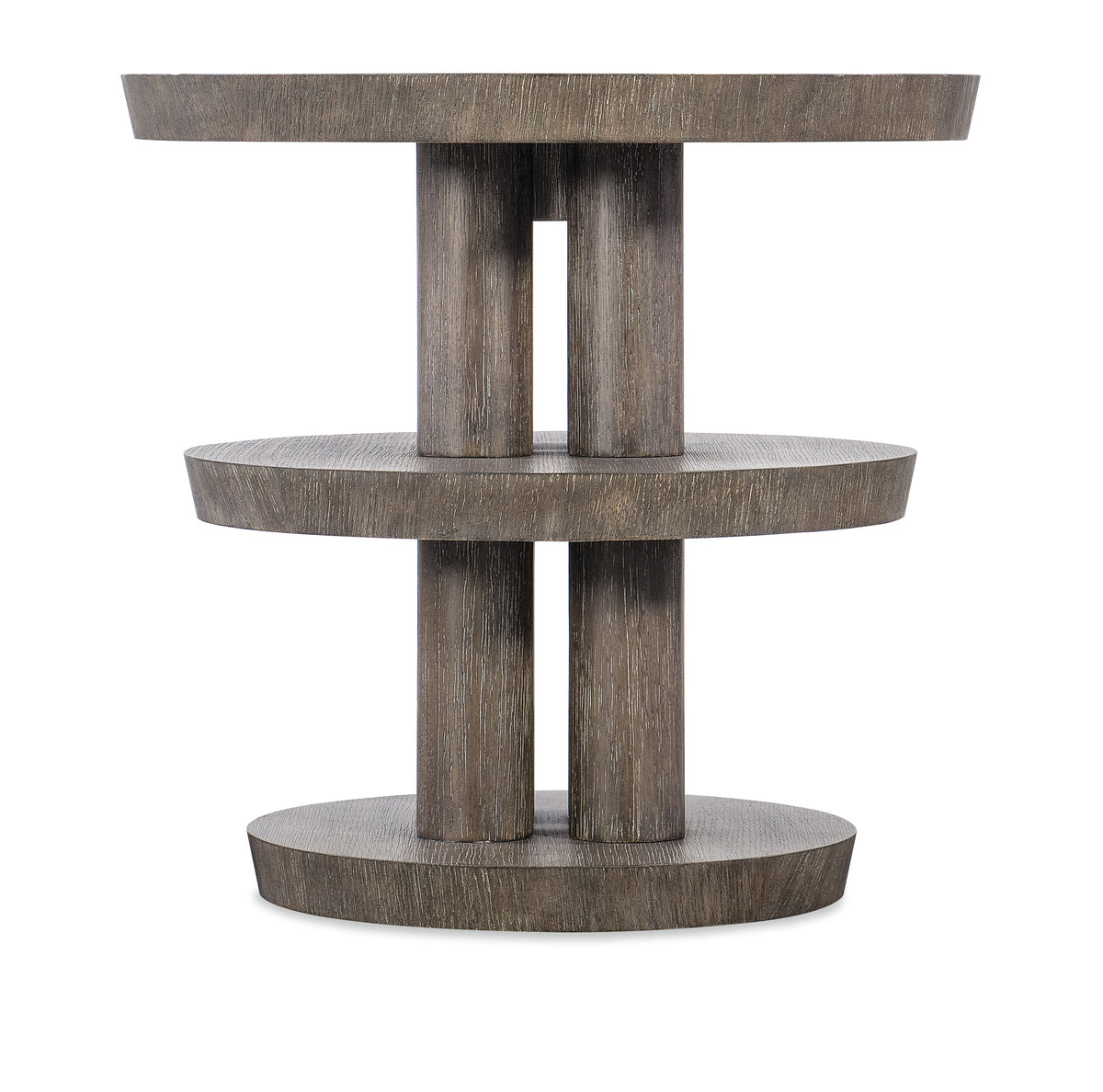 a round wooden table with three shelves