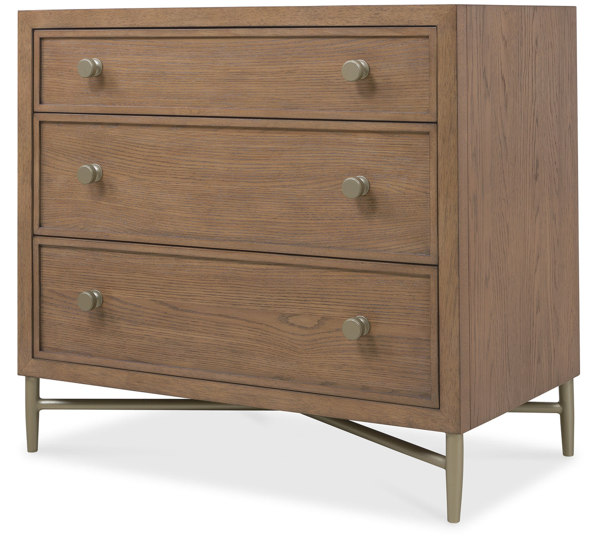 a brown dresser with silver handles