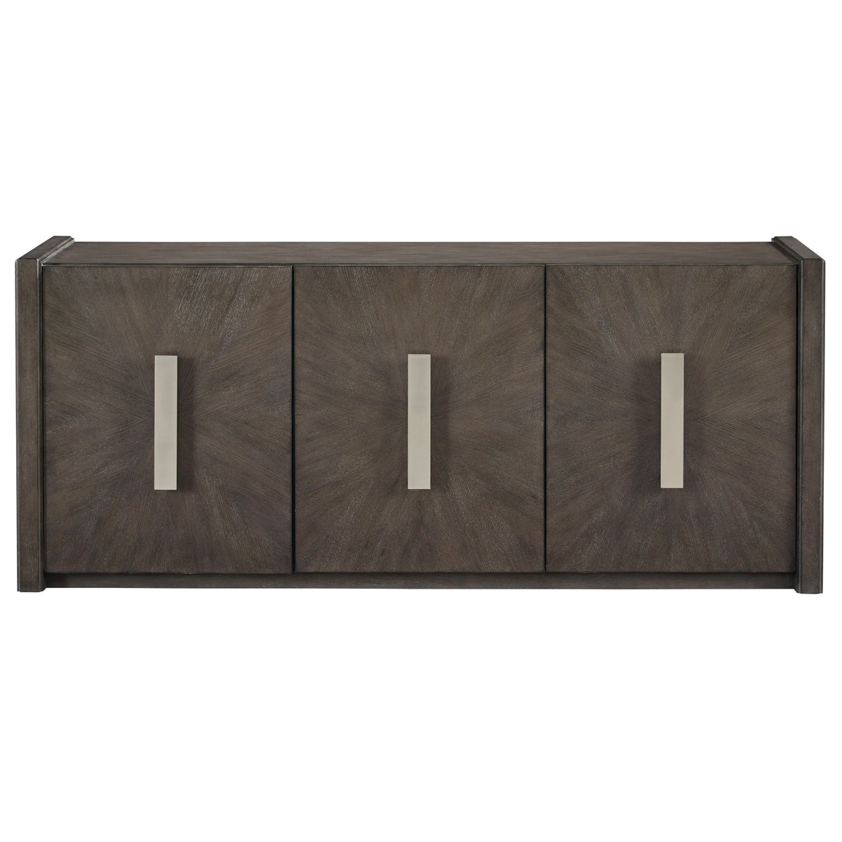 a brown cabinet with silver handles