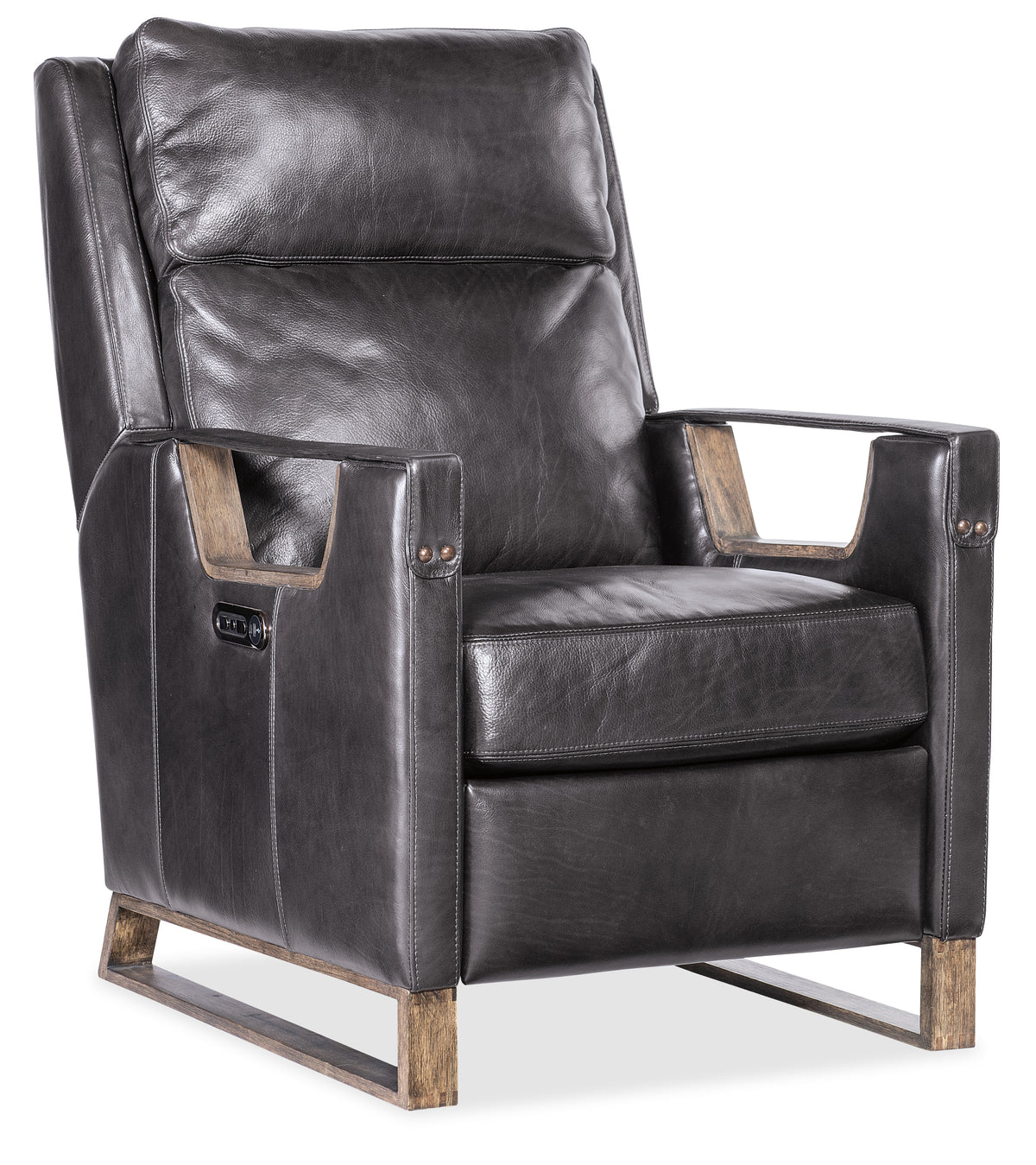 a black leather chair with metal legs