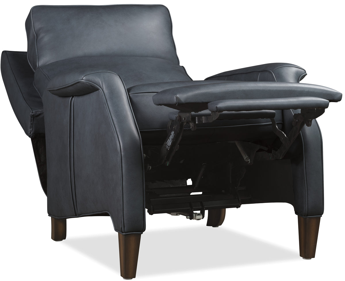 a grey leather recliner with legs
