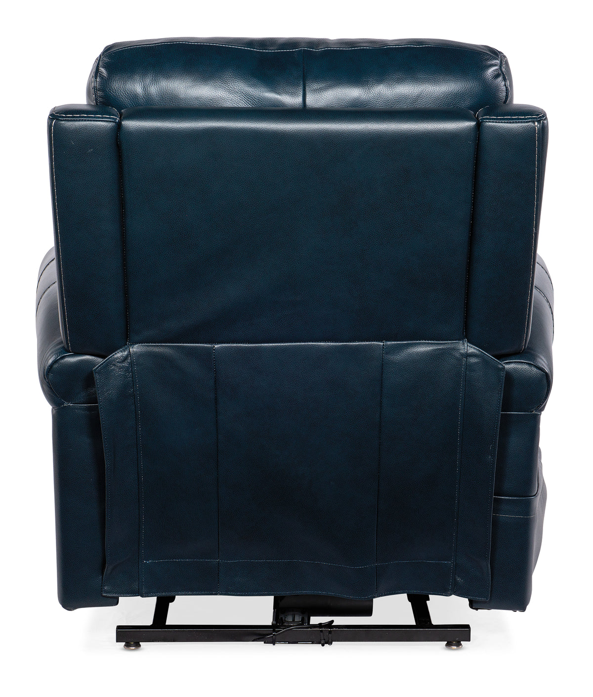 the back of a blue leather recliner chair