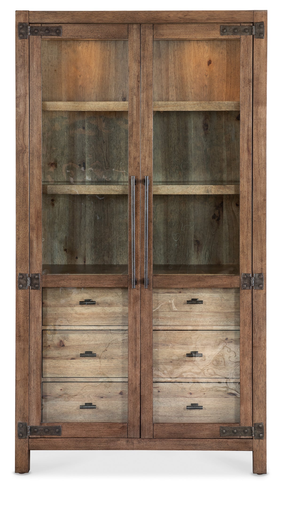 a wood cabinet with glass doors