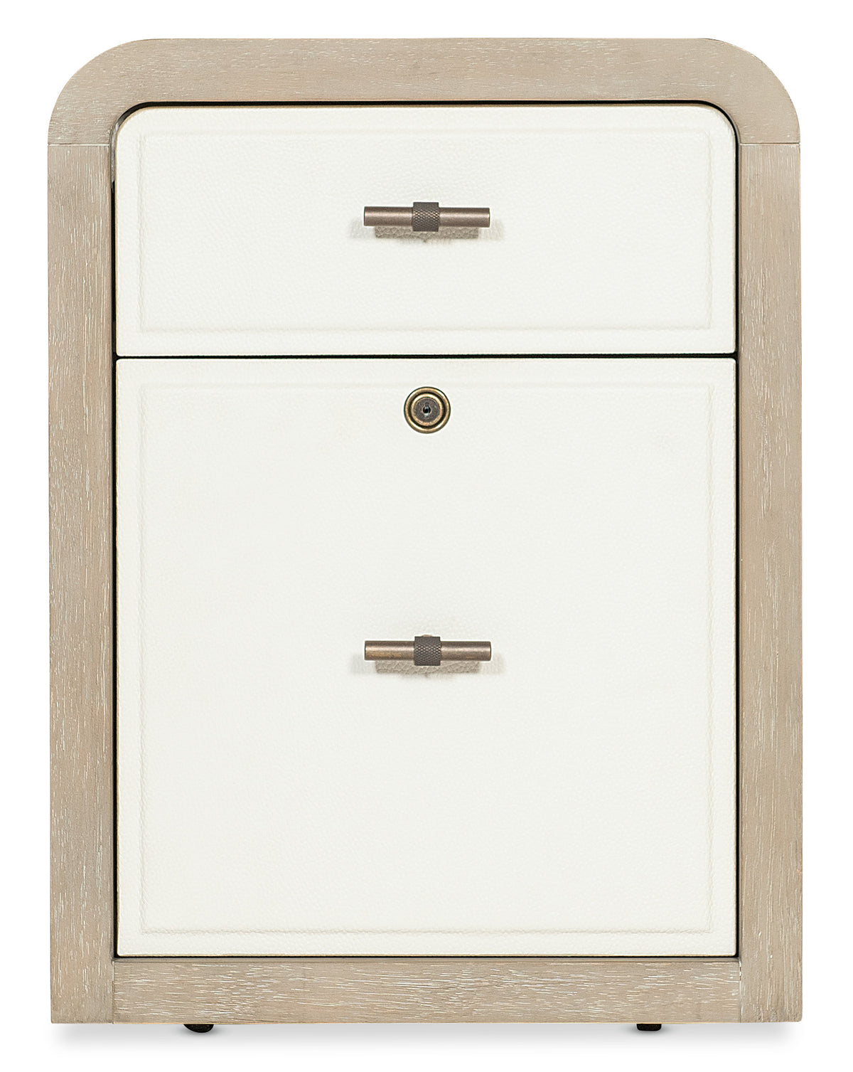 a white and wood file cabinet