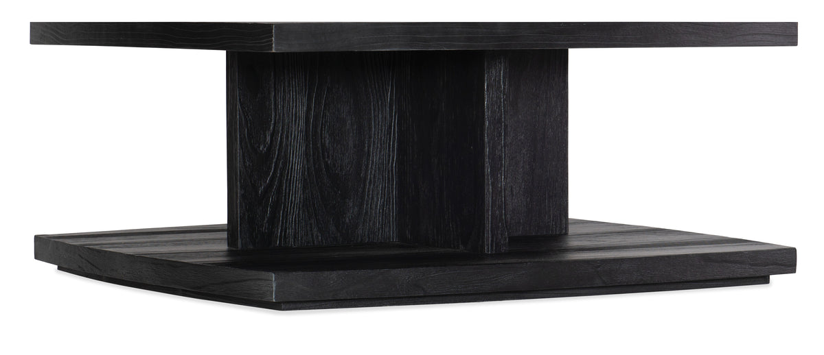 a black wooden shelf with a rectangular top