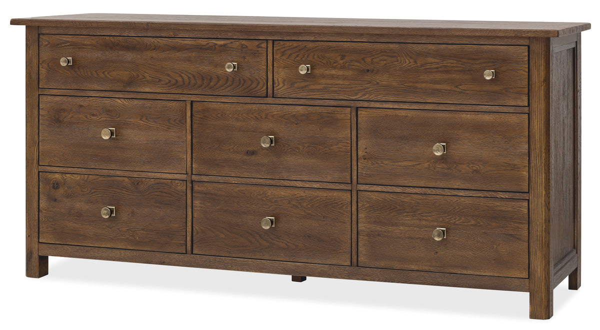 a brown dresser with drawers