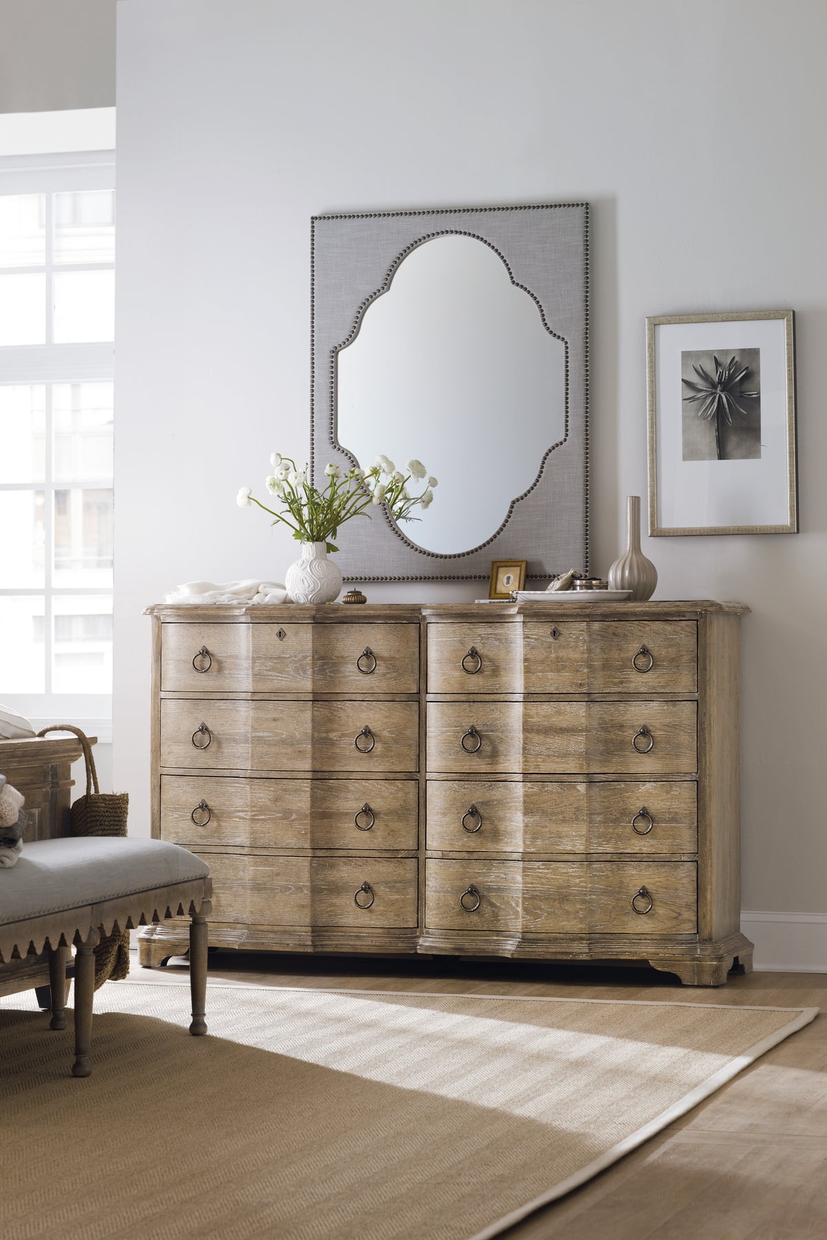 a mirror on a dresser