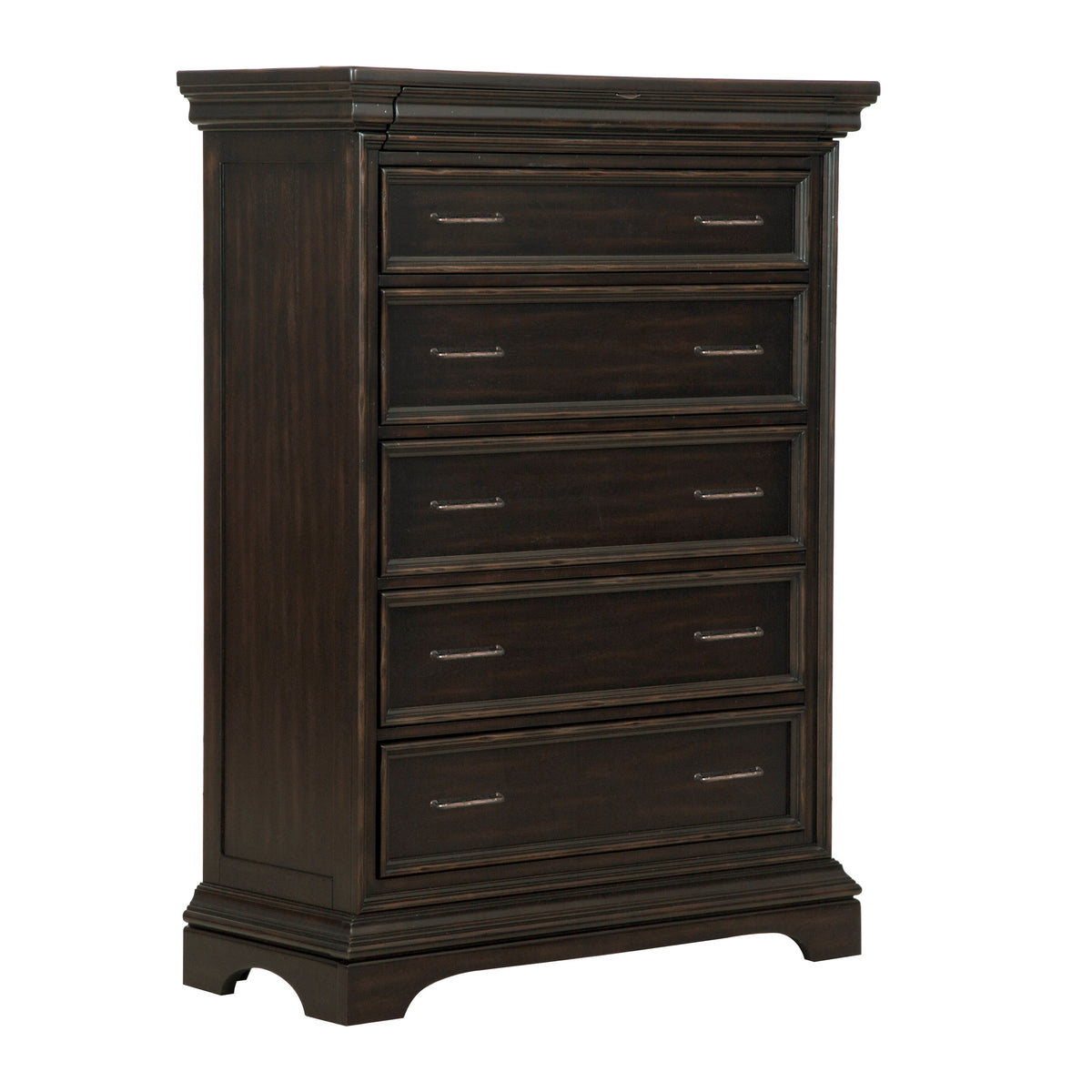 a dark brown dresser with silver handles