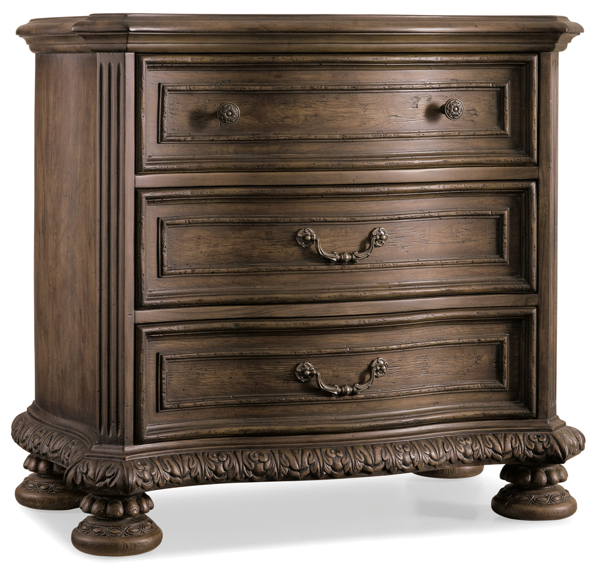 a wooden dresser with ornate designs