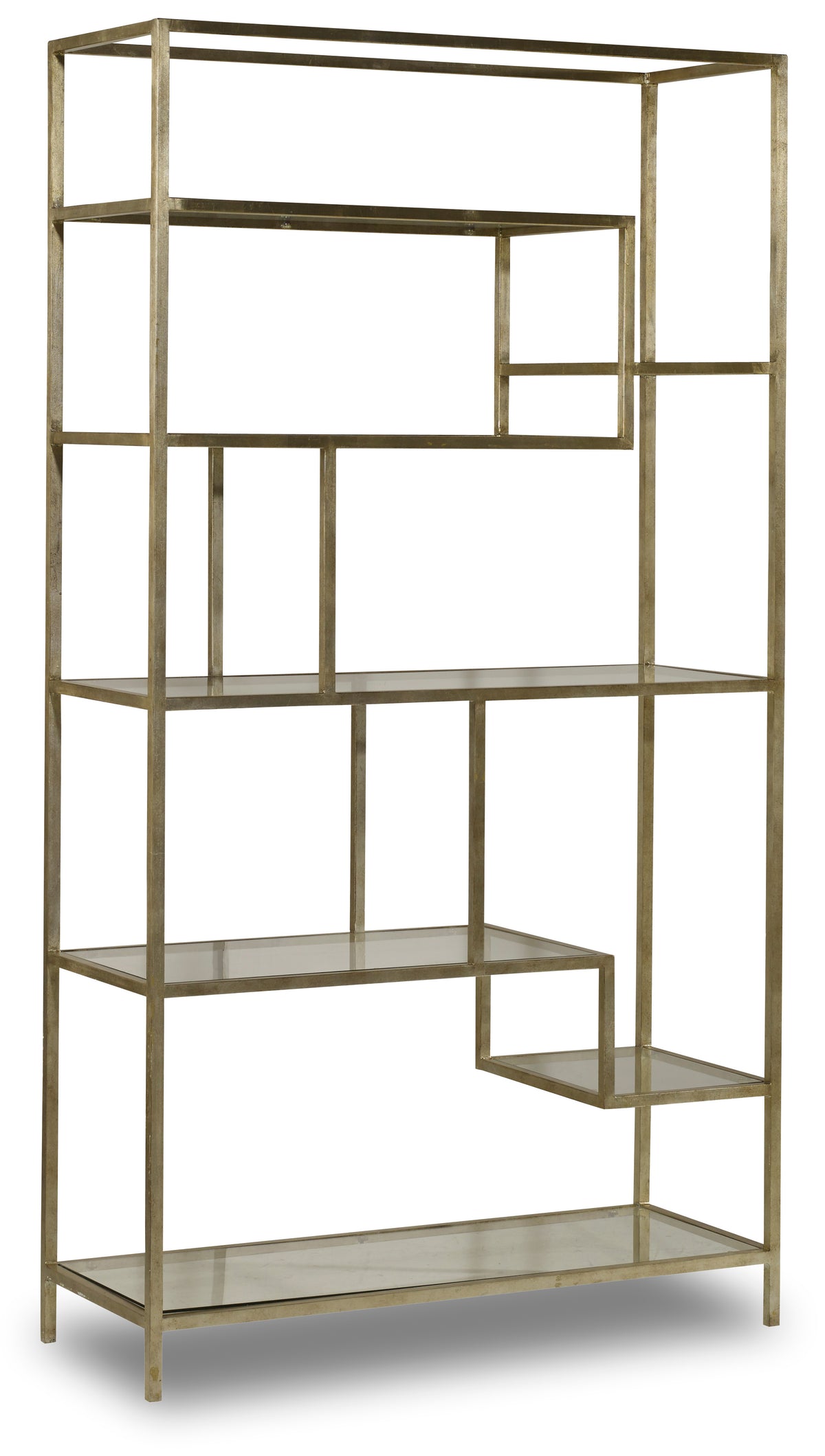 a gold metal shelf with glass shelves