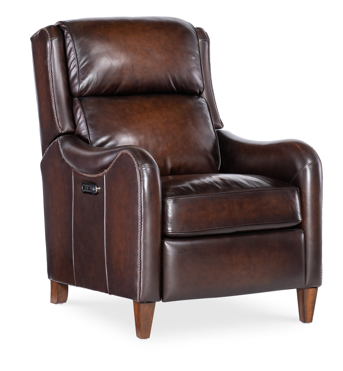 a brown leather chair with wooden legs