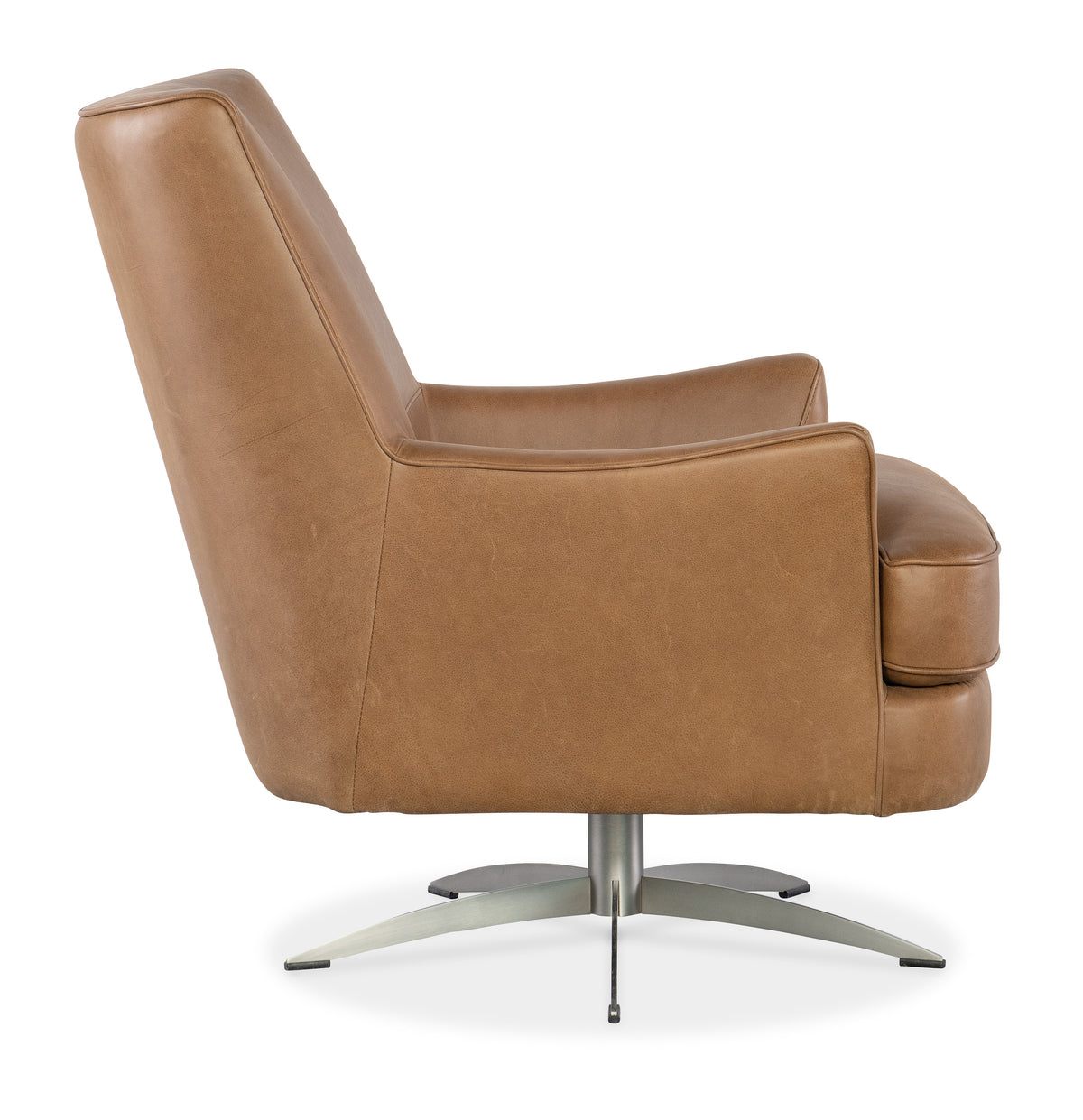 a brown leather chair with metal legs