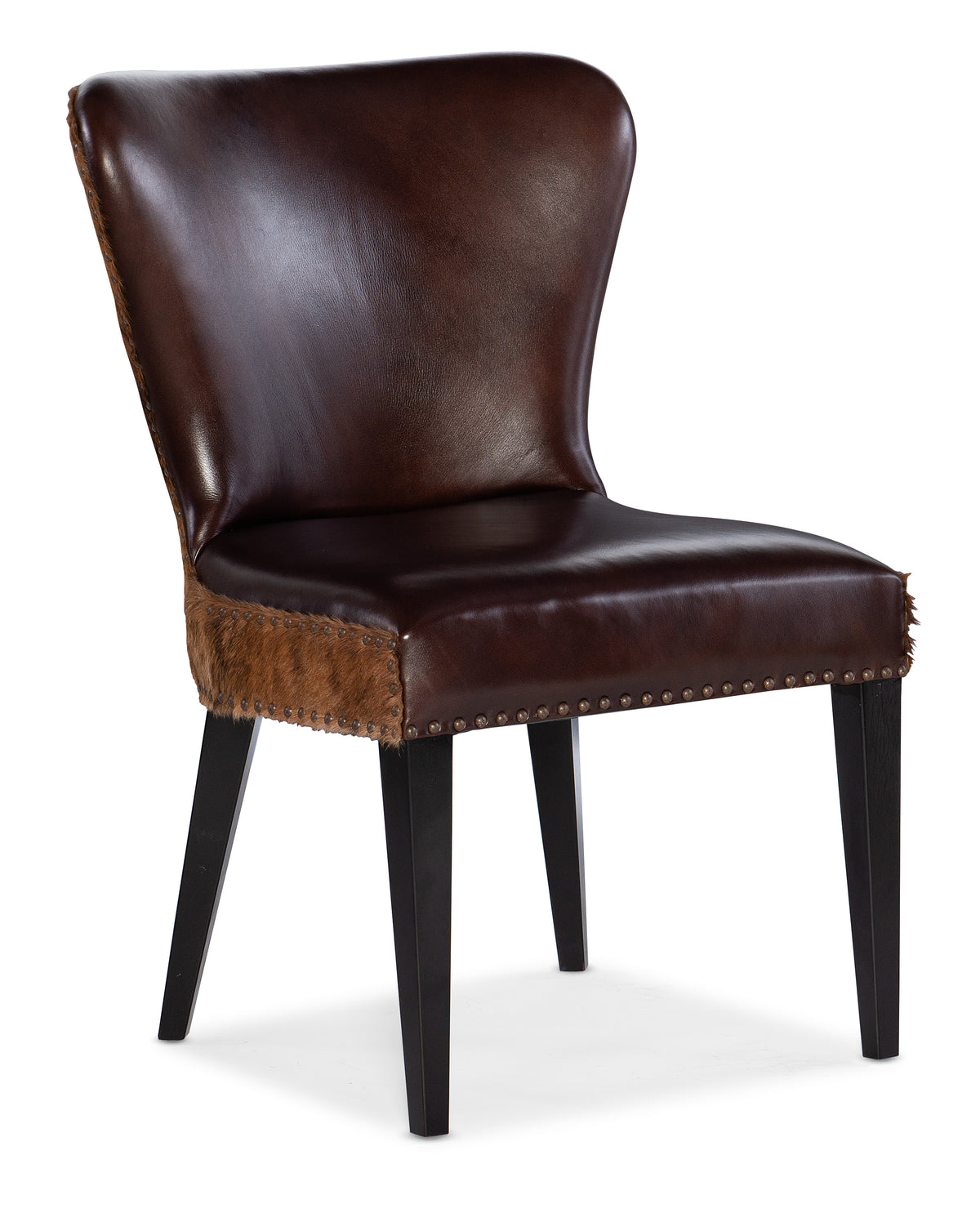 a brown leather chair with black legs