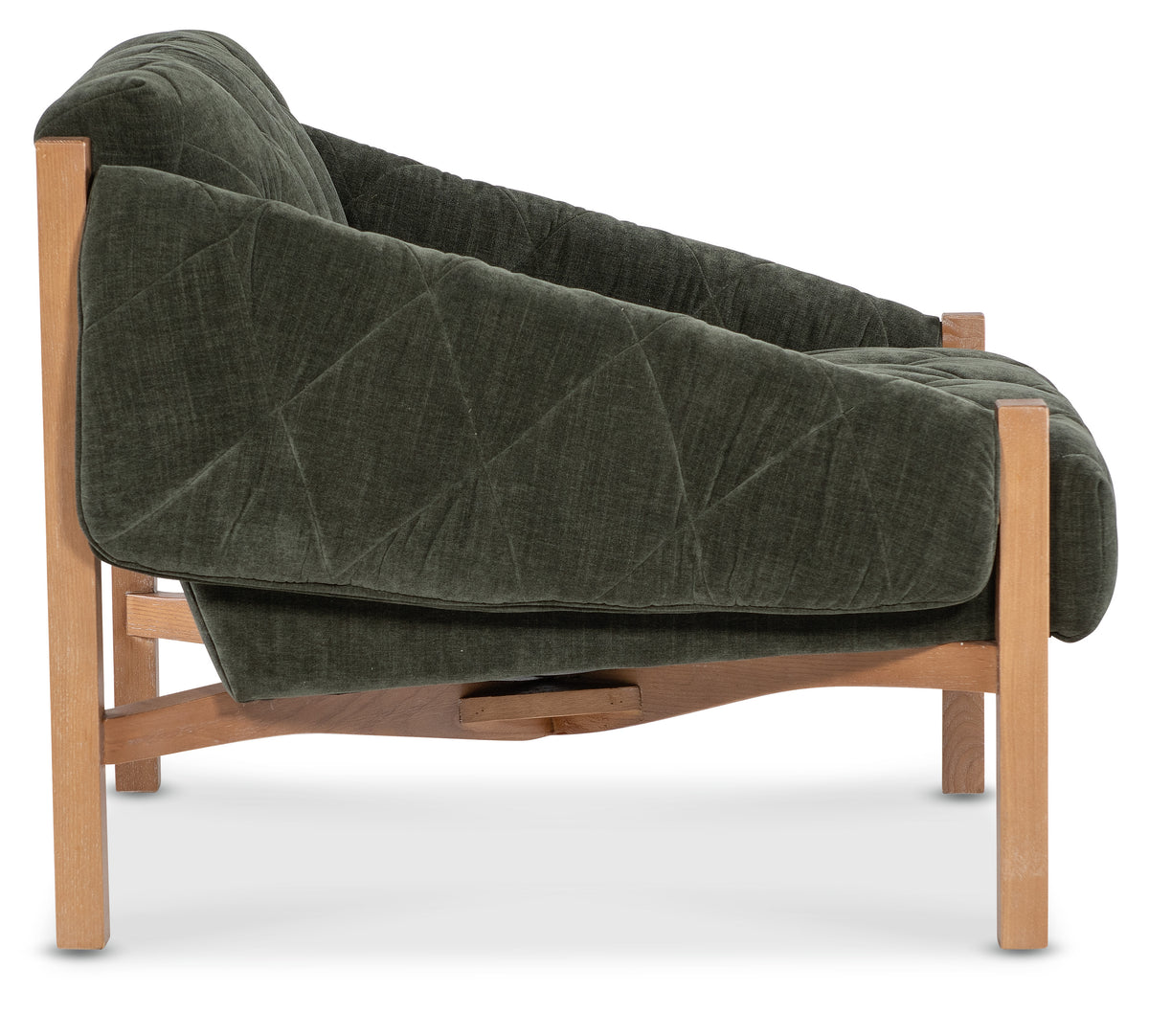a green chair with wooden legs