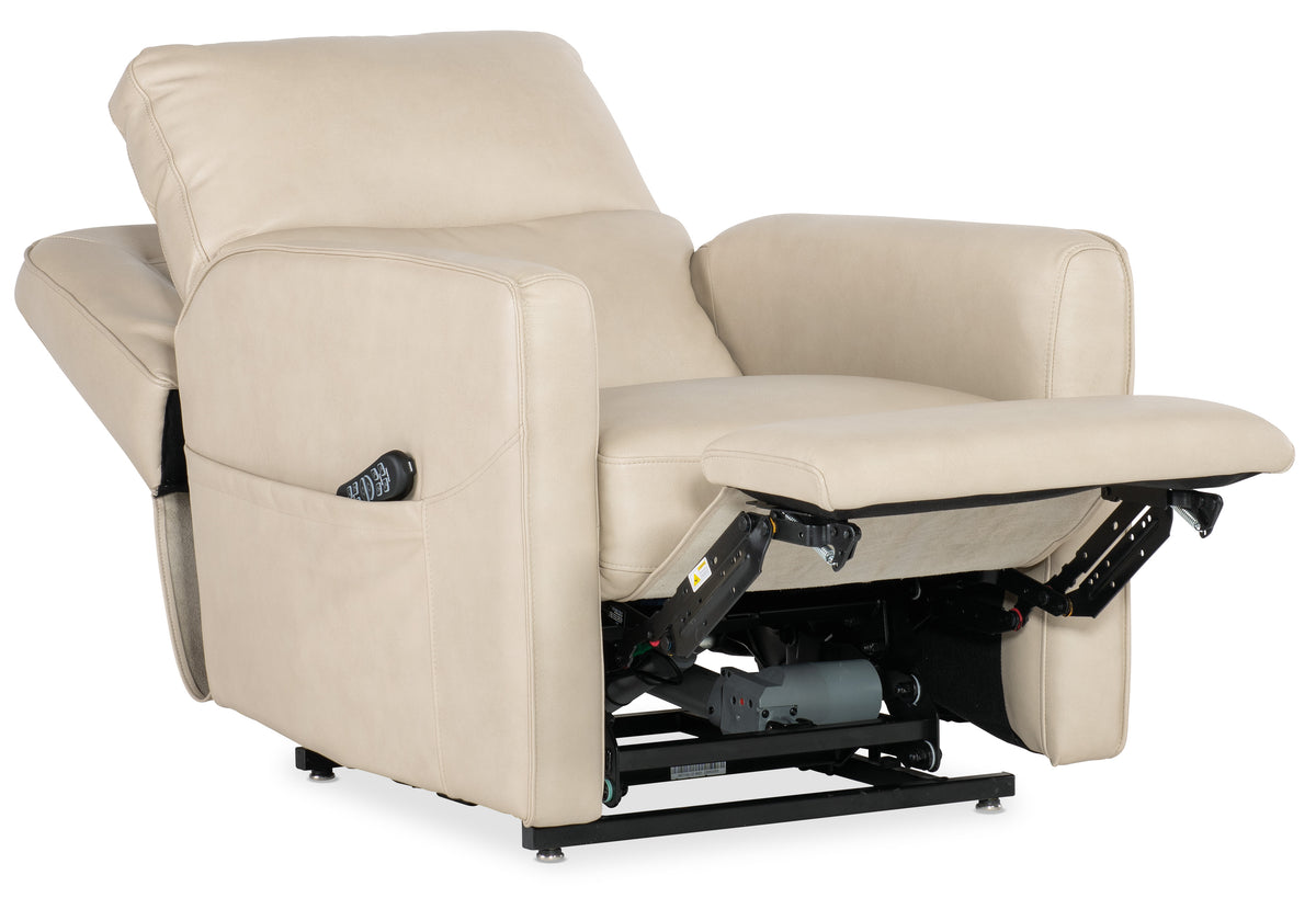 a white recliner with a lift mechanism