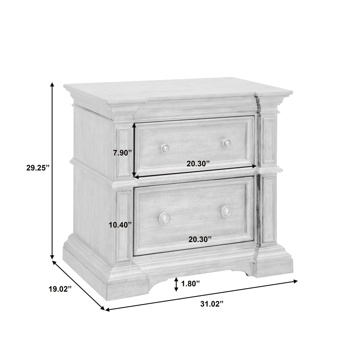 a white nightstand with sizes and measurements