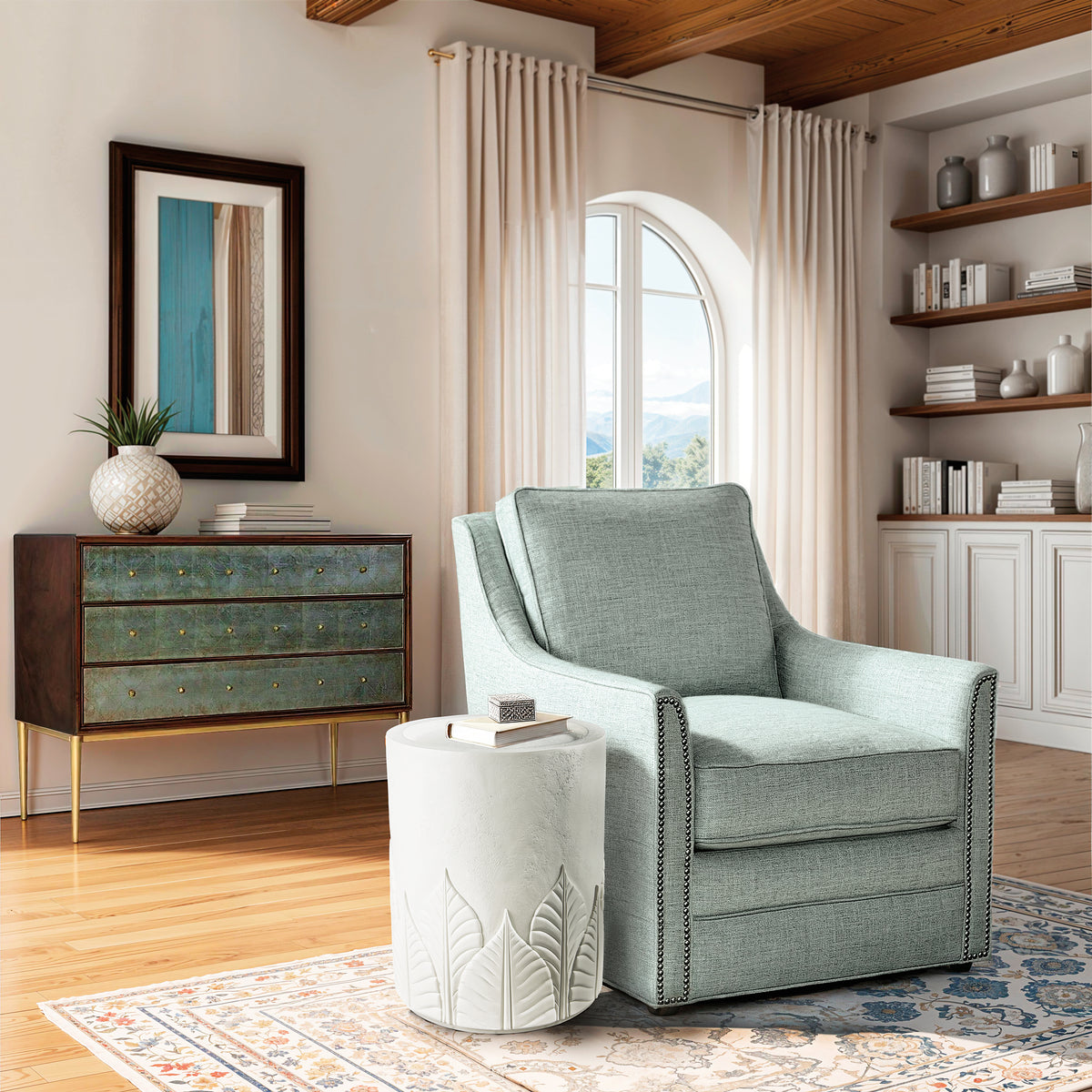 a room with a chair and a dresser