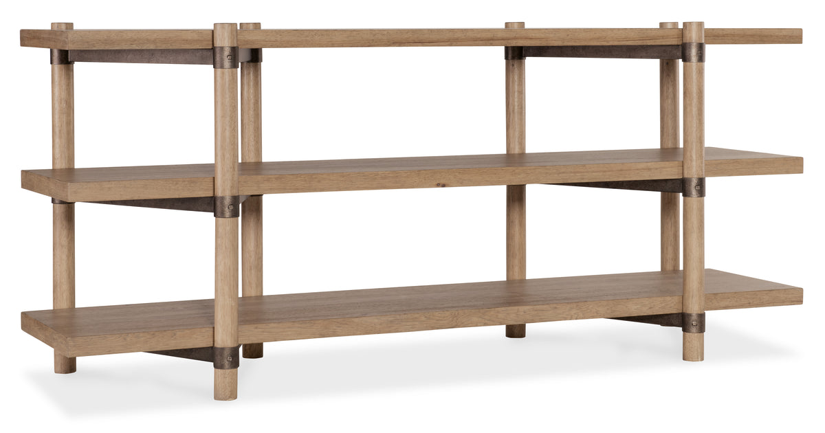 a wooden shelf with metal brackets