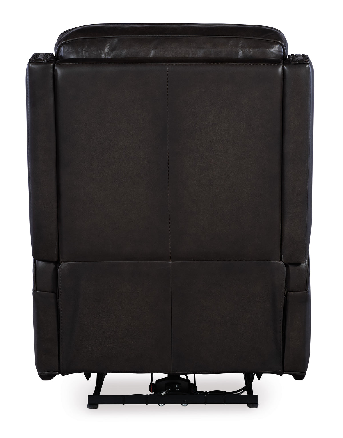 the back of a black leather chair
