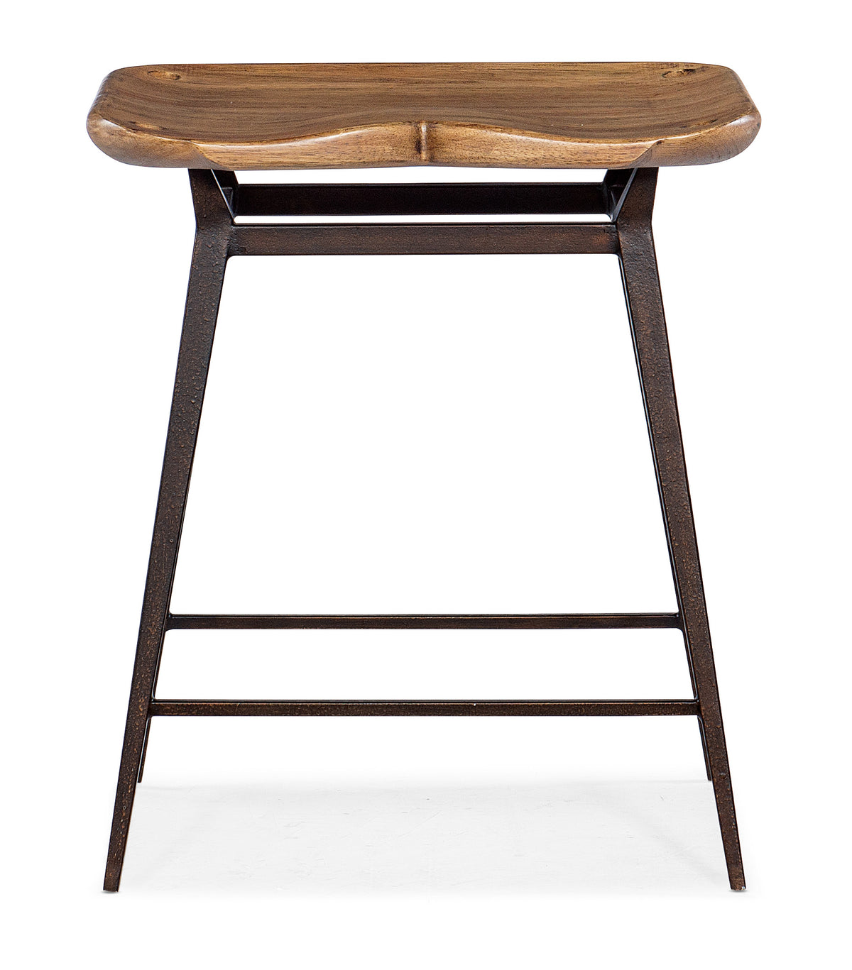 a wooden stool with metal legs