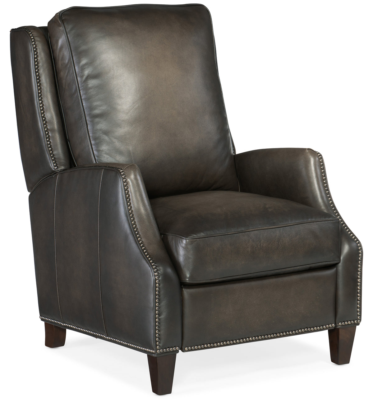 a brown leather chair with nail heads