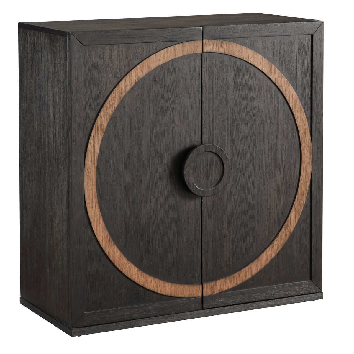 a black cabinet with a circle design