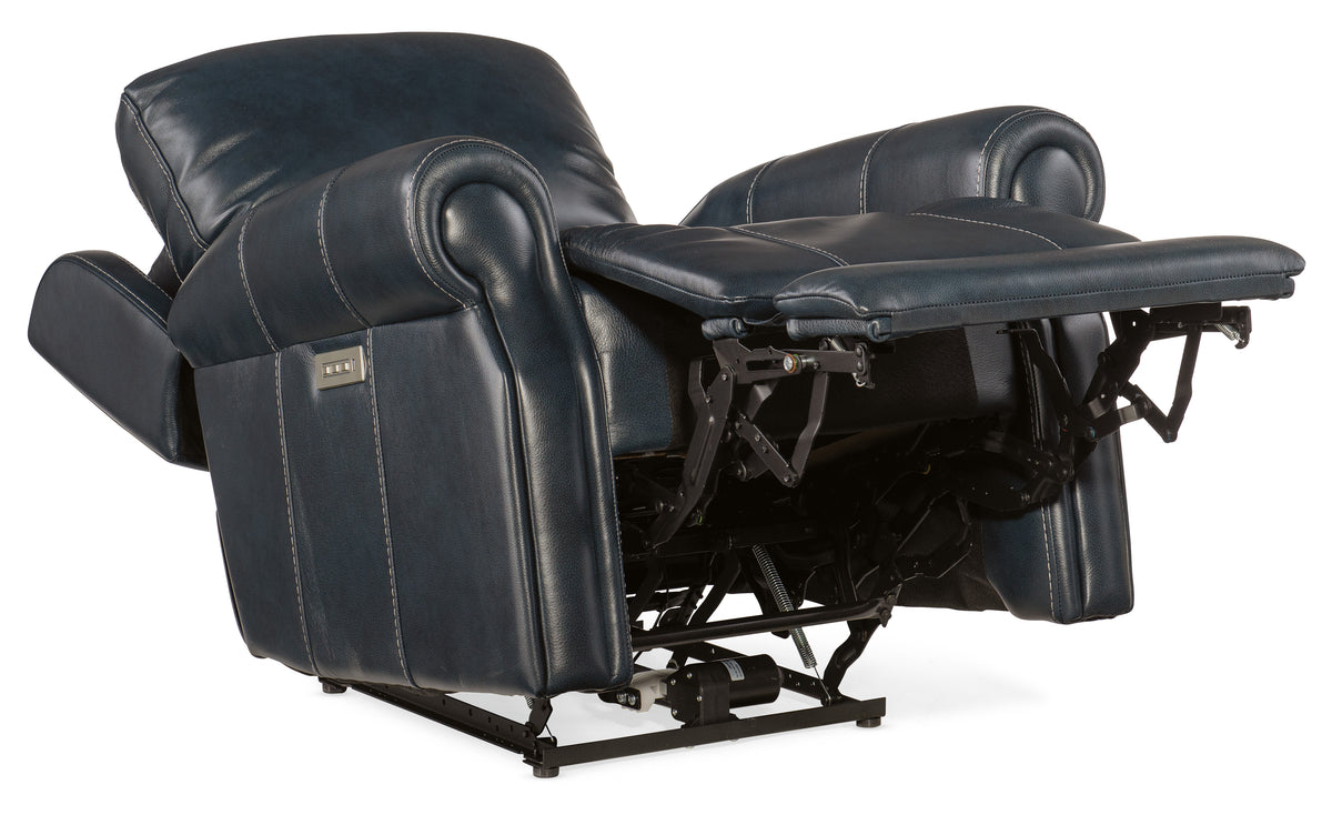 a blue leather recliner with a lift