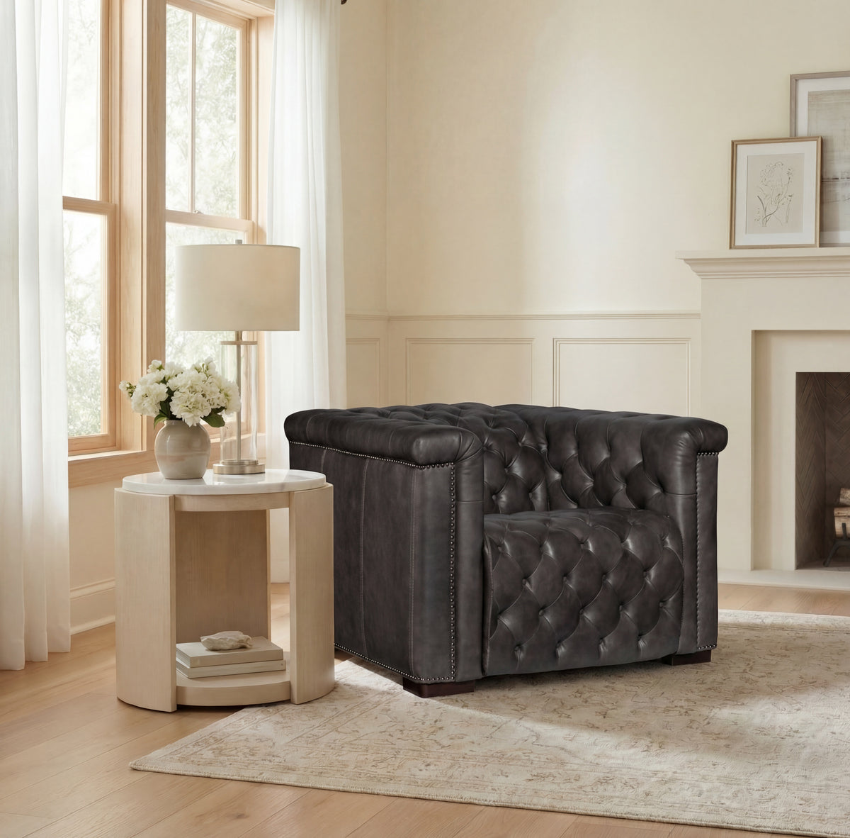 a living room with a leather chair and a fireplace