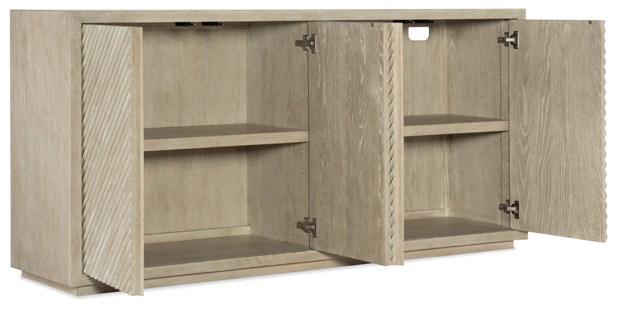 a wooden cabinet with open shelves