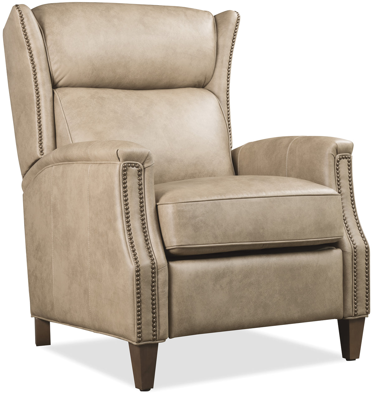 a tan leather chair with nail heads