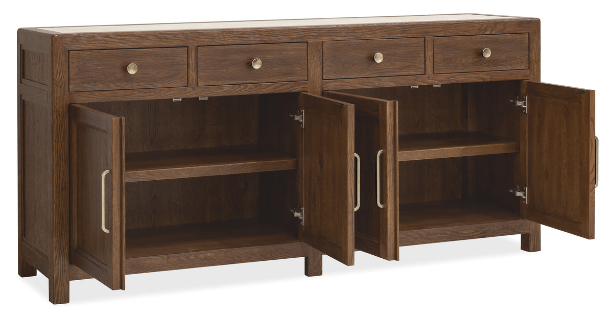a wooden cabinet with open shelves