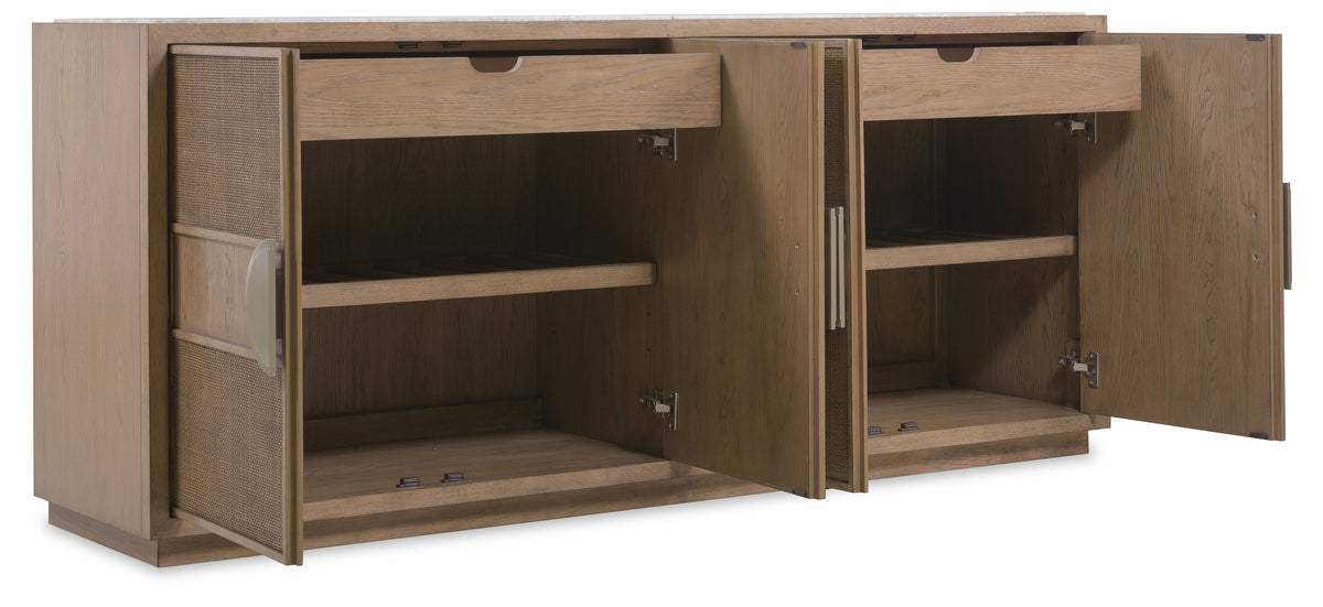 a wooden cabinet with open shelves