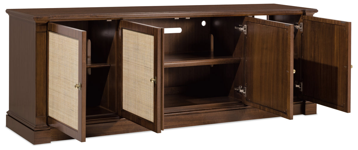 a brown wooden cabinet with open doors