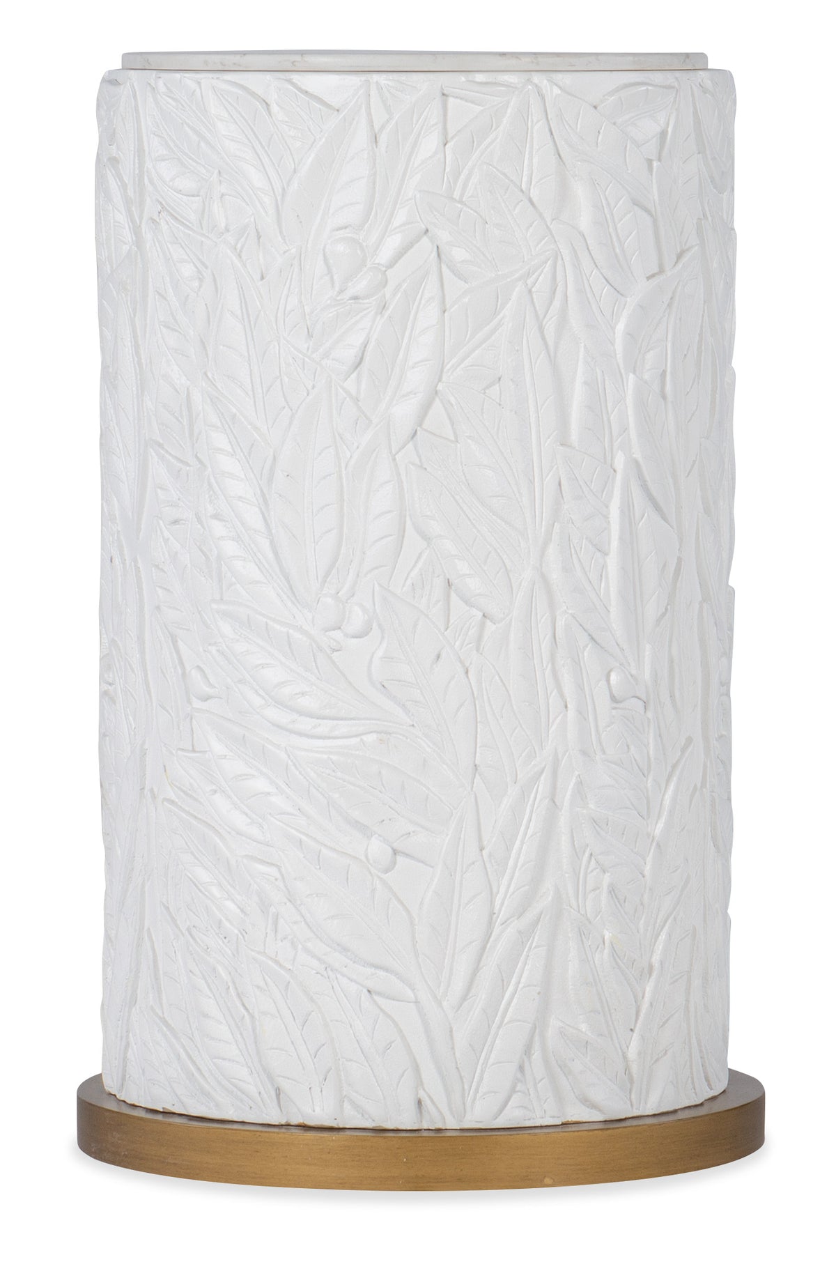 a white vase with leaves carved on it