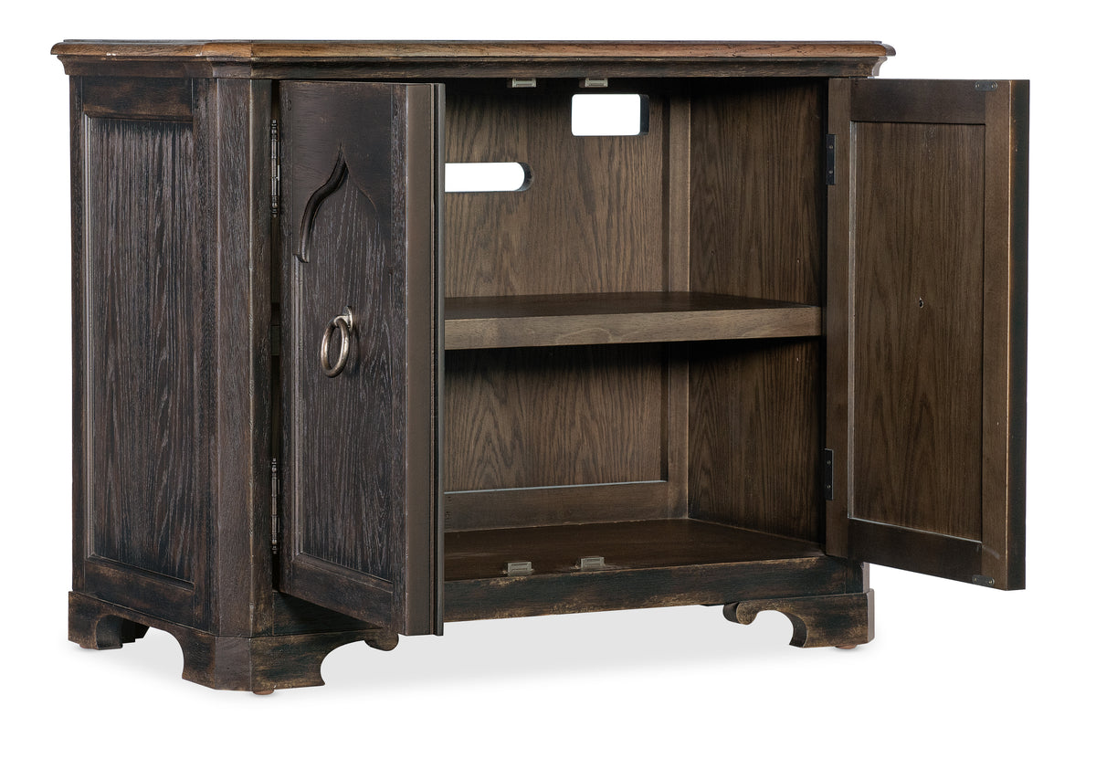 a wooden cabinet with a door open