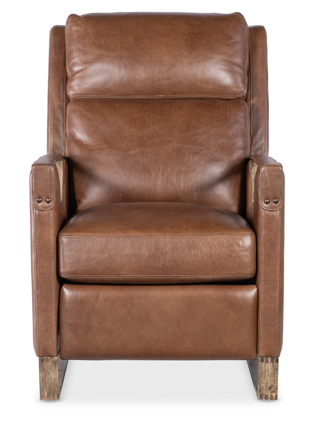 a brown leather chair with wooden legs