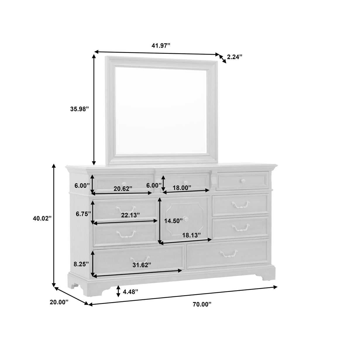 a dresser with a mirror and a mirror