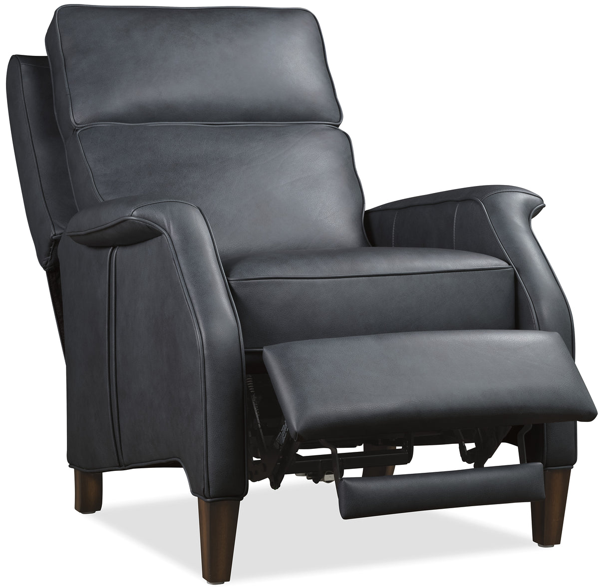 a black recliner with wooden legs