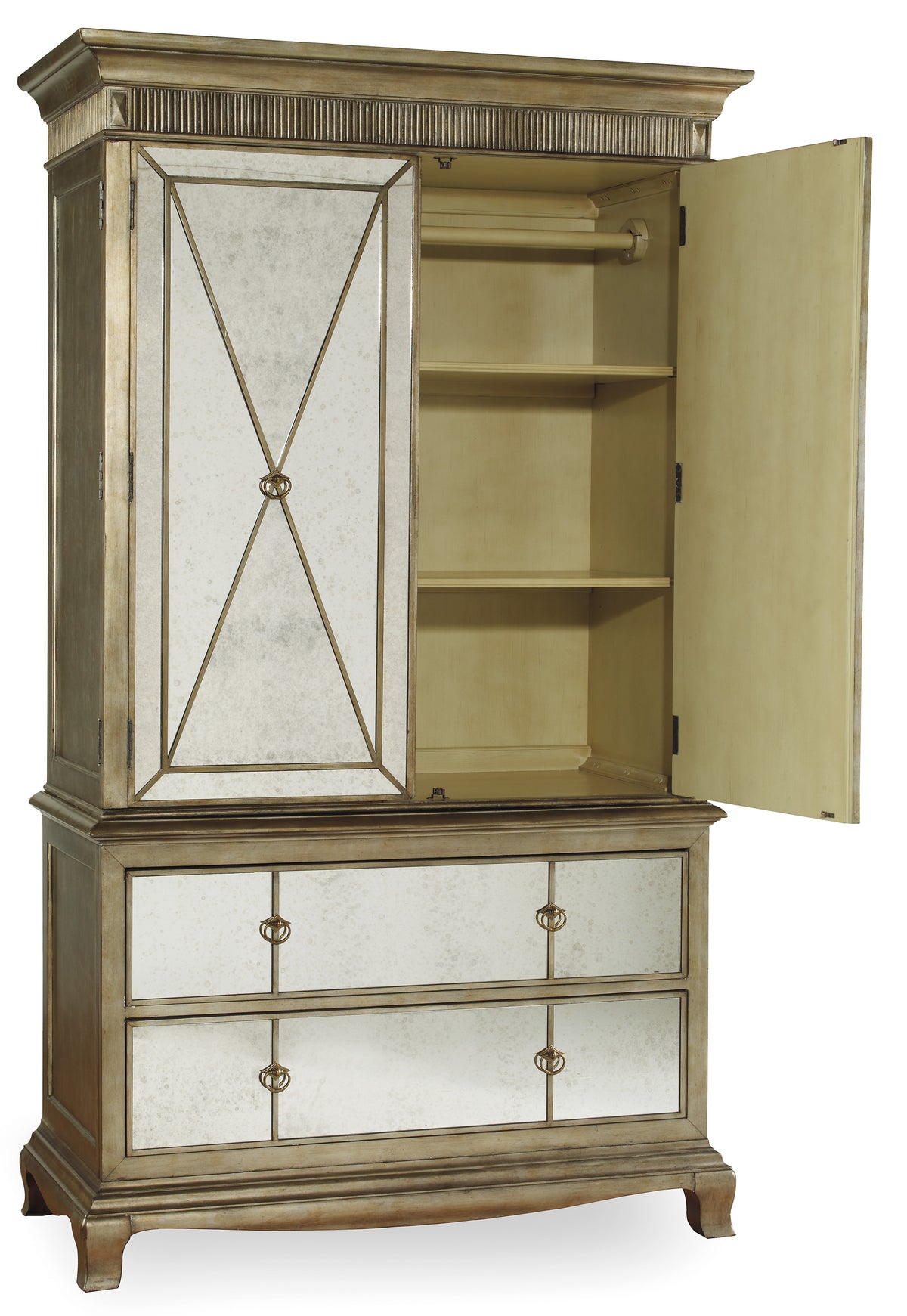 a white and gold mirrored cabinet