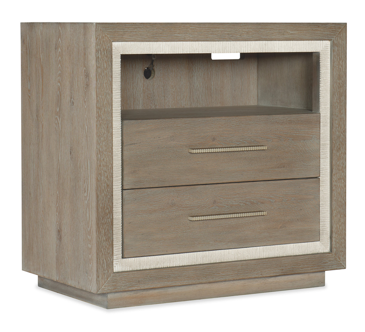 a wooden nightstand with a shelf