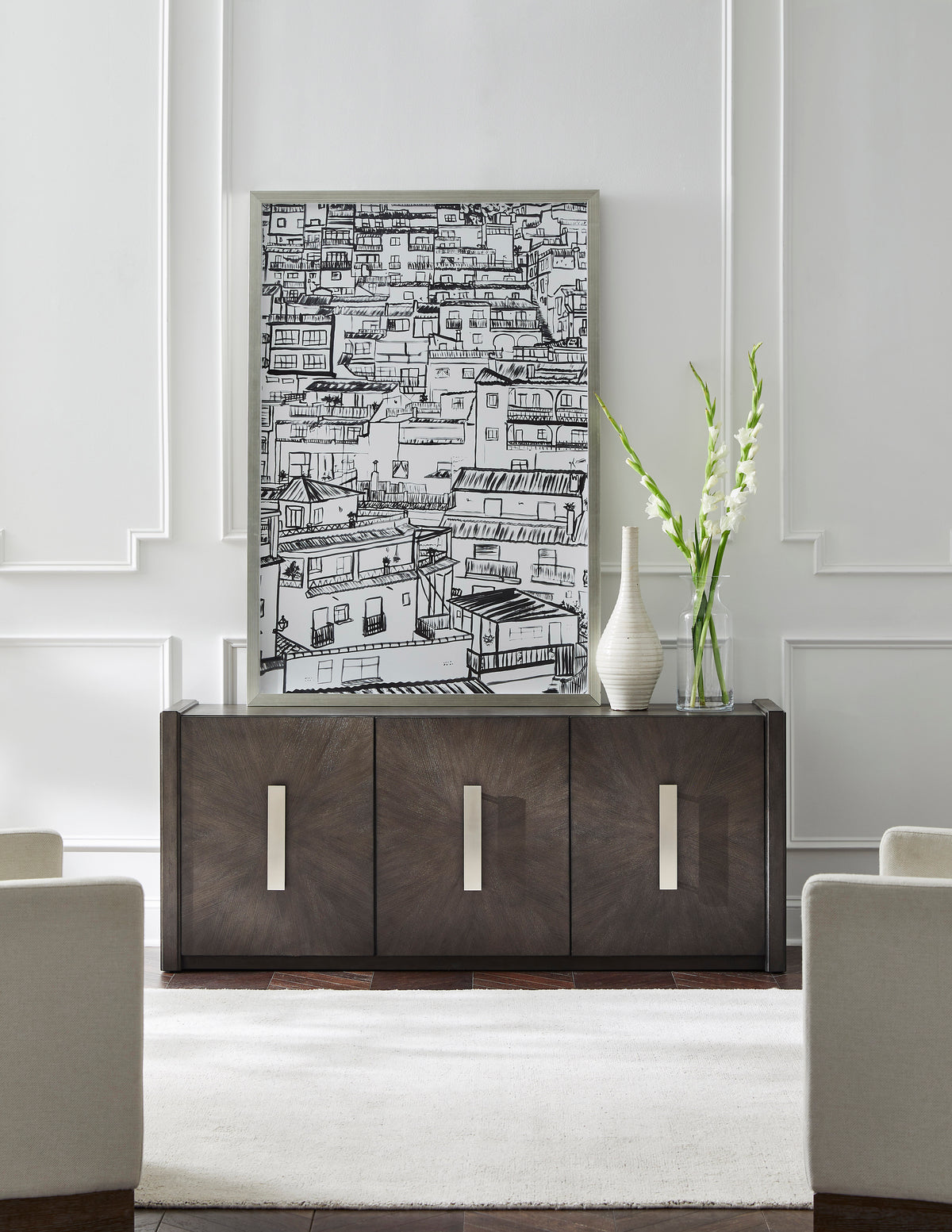 a large painting on a cabinet