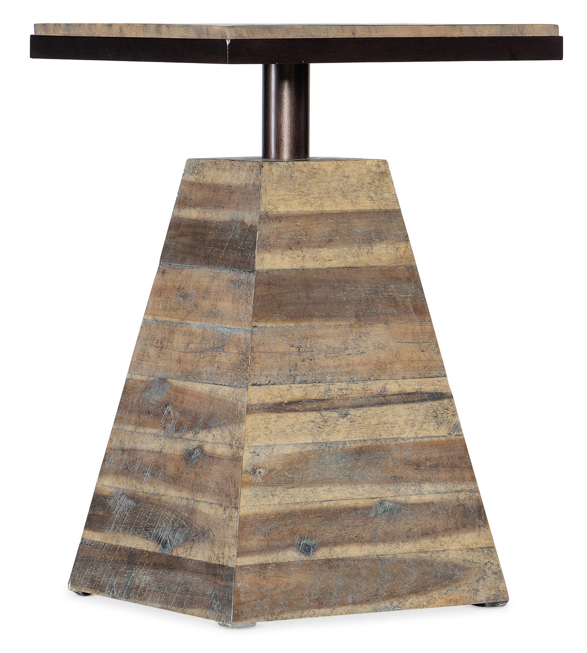 a wooden table with a metal post