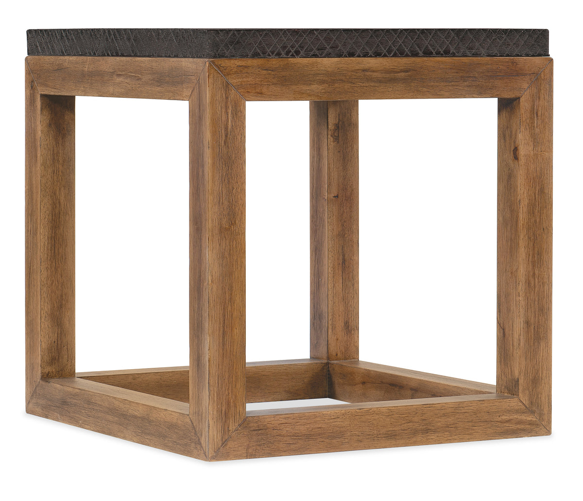 a wooden table with a black top