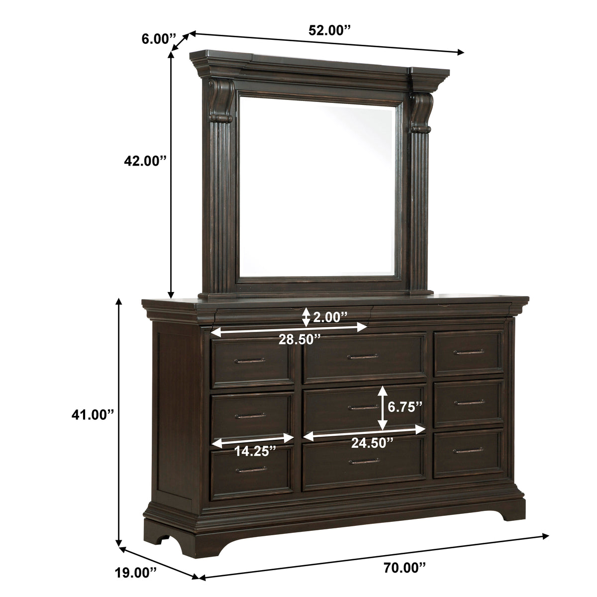 a dresser with a mirror and a mirror