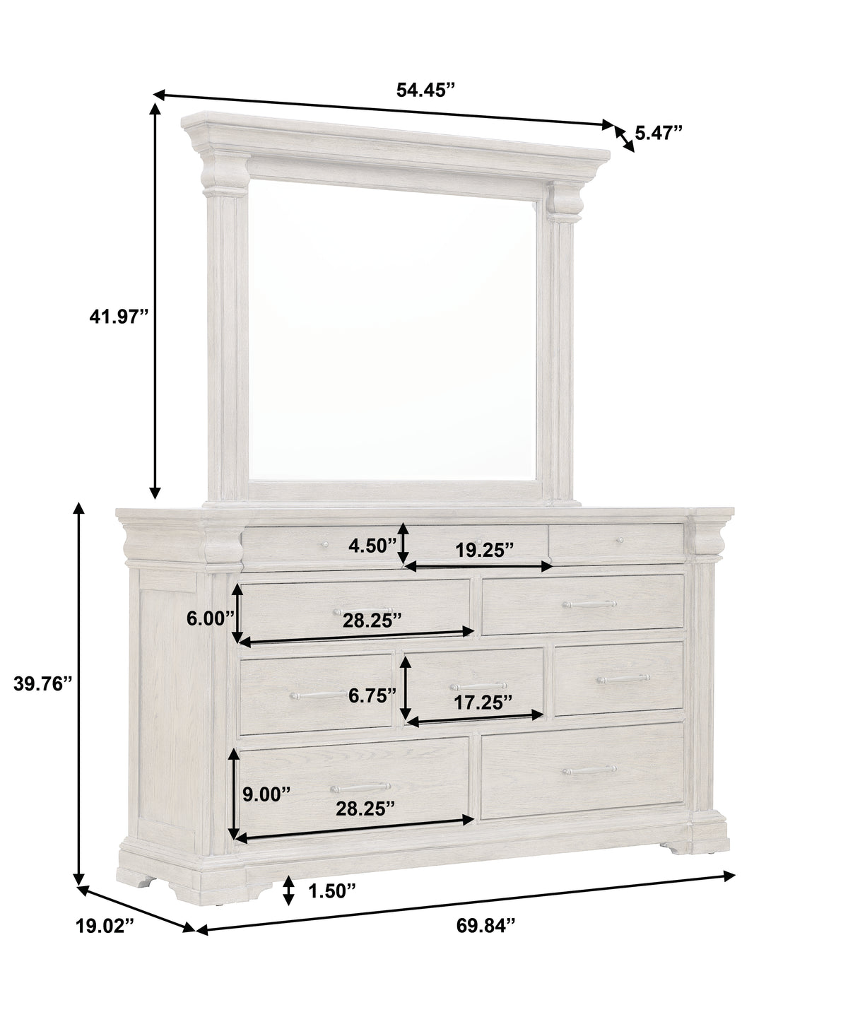 a white dresser with a mirror and a mirror