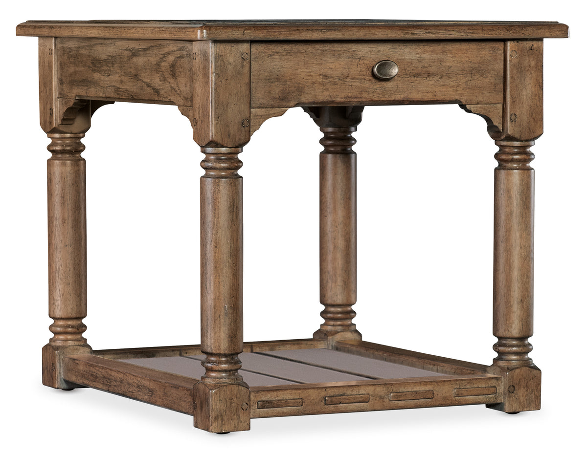 a wooden table with a drawer