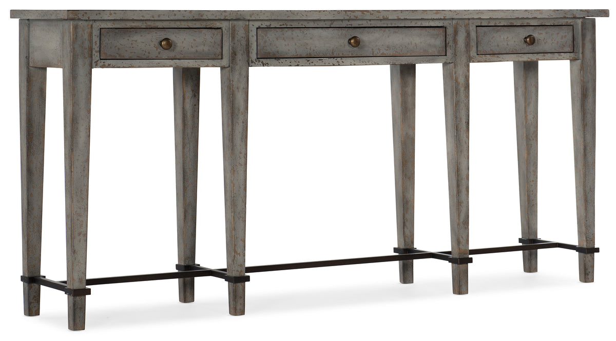 a grey table with drawers