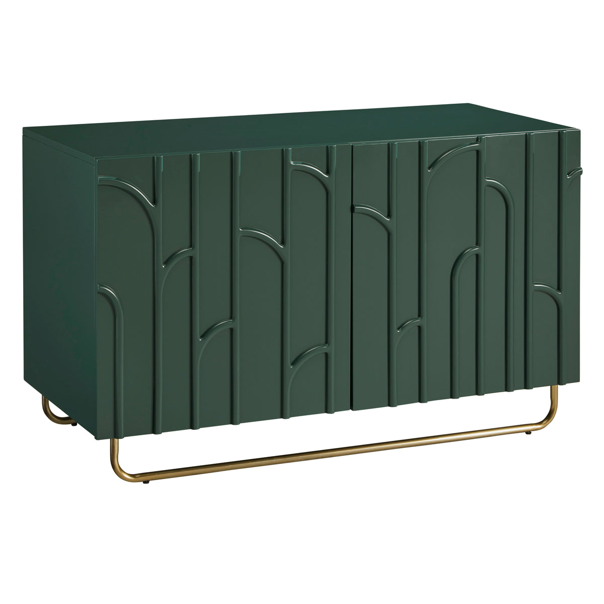 a green cabinet with gold legs