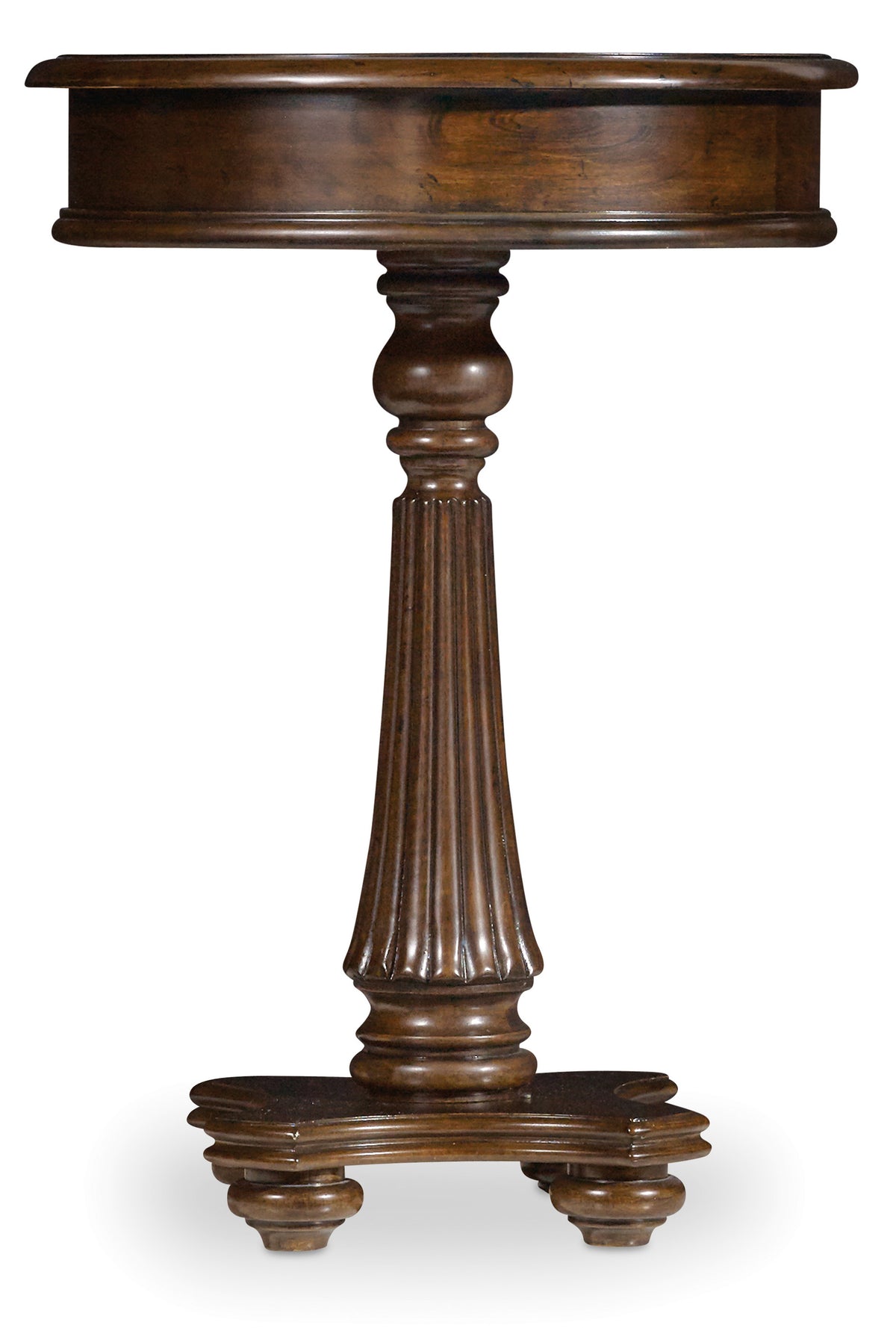 a round wooden table with a pedestal